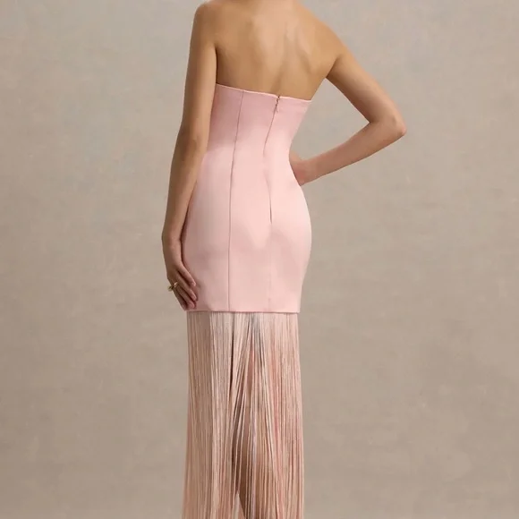 Club L London Blush Pink Satin Bandeau Maxi Dress With Fringe - Picture 6 of 10